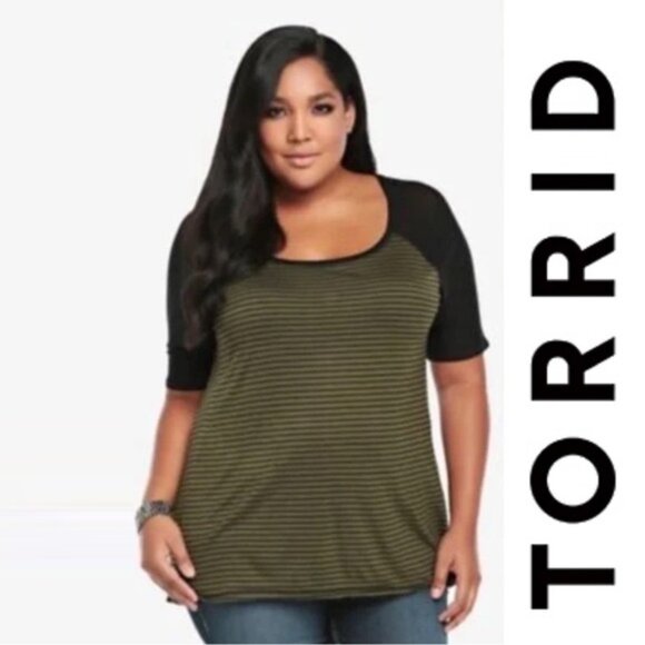 Torrid | FLAWED Olive & Black Mesh Sleeve Striped Raglan Tee | Size 3X - Picture 1 of 11